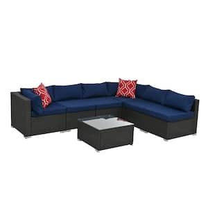 7-Pieces Wicker Patio Conversation Set, Outdoor Furniture Sofa Set, With Tempered Glass Table and Dark Blue Cushions