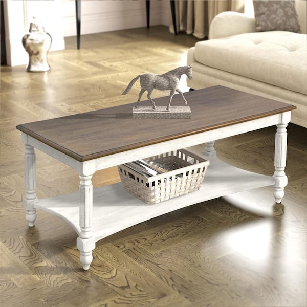 GALANO Marcello 39.4 in. White and Oak Rectangular Solid Wood Top Coffee Table