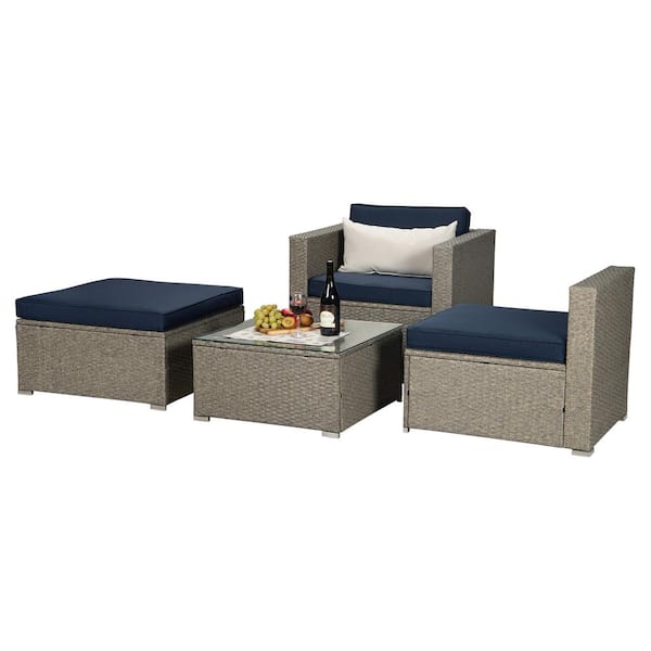 Unbranded 4-Piece PE Rattan Wicker Outdoor Couch Set with Navy Cushions