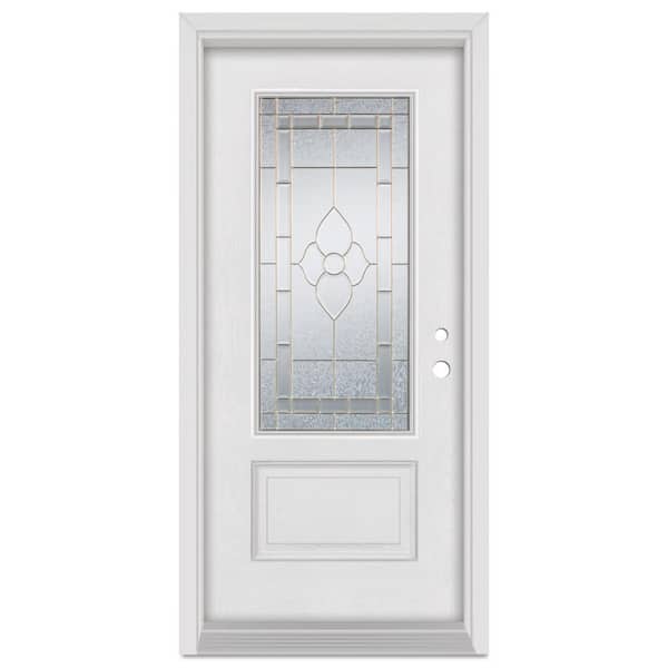 Stanley Doors 32 in. x 80 in. Traditional Left-Hand Brass Finished Fiberglass Mahogany Woodgrain Prehung Front Door