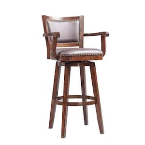 50 in. Dark Brown Low Back Wooden Frame Faux leather Upholstered Bar Stool with Arms and Nailhead Trim