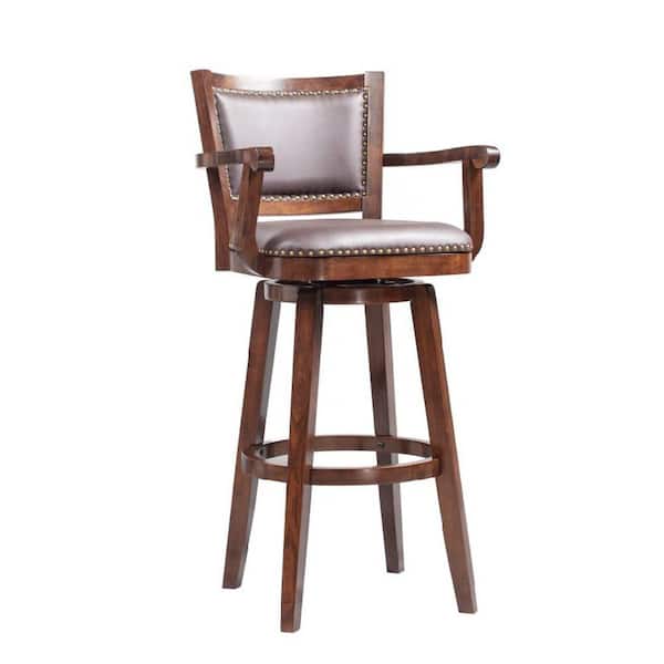 Benjara 50 in. Dark Brown Low Back Wooden Frame Faux leather Upholstered Bar Stool with Arms and Nailhead Trim