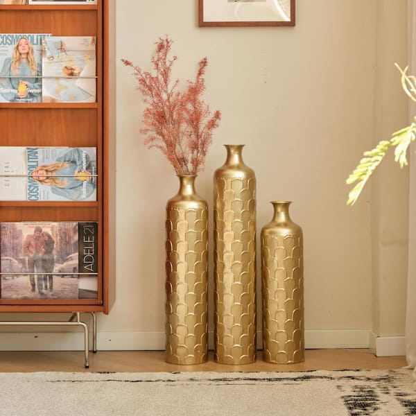 34 in. Gorgeous Gold Floor Large Glazed Metal Cylinder Decorated