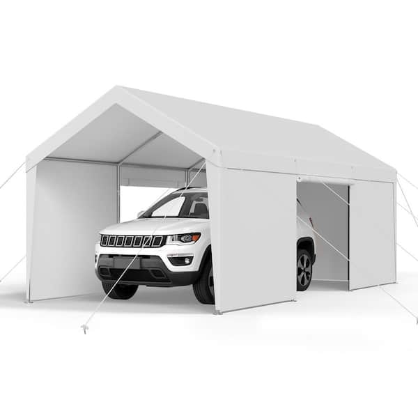 Carport, 10 x 20 FT. Outdoor Car Canopy, Potable Carport with Removable Sidewalls & Door, Heavy Duty Car Shelter, White