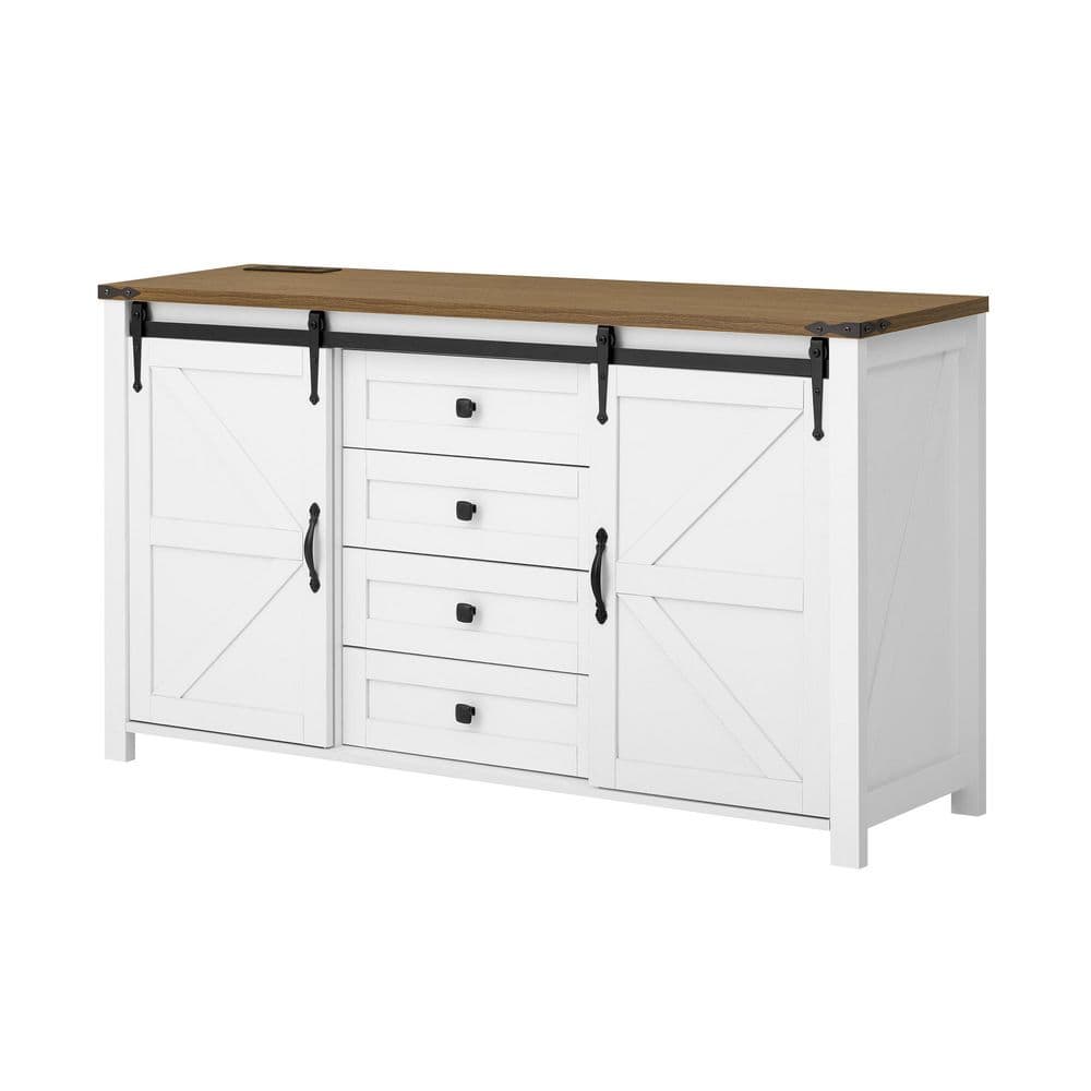 Front view of the white farmhouse sideboard buffet with brown top.