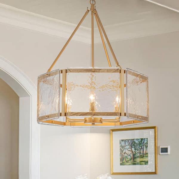 Dvorakova 24.02 in. 6-Light Gold Lantern Drum Chandelier with Water Ripple Glass Shade