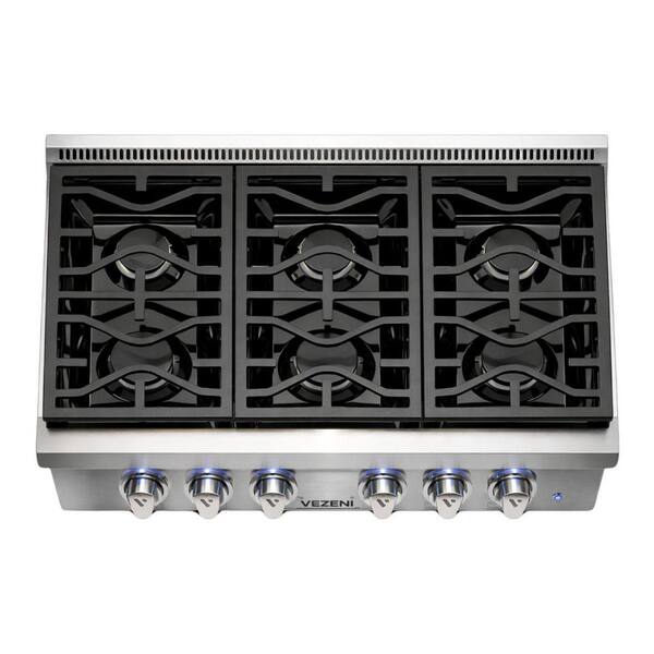 Randolph Pro 36 in. Natural Gas Cooktop in Stainless Steel with 6-German Made Burners, LED Knobs, Cast Iron Grates