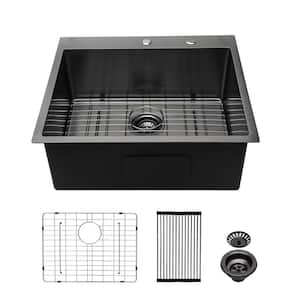 28 in. Drop-in/Top Mount Single Bowl 16-Gauge Gunmetal Black Stainless Steel Kitchen Sink with Bottom Grids