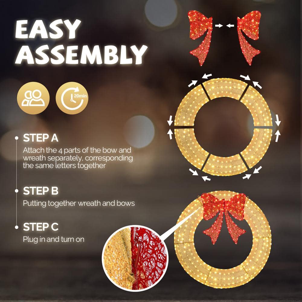 48in Gold LED Pre-Lit Outdoor Christmas Wreath with Red Bow