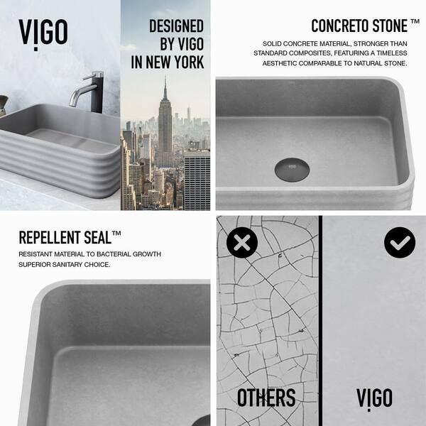 Vigo Cadman Modern Gray Concreto Stone 18 in. L x 13 in. W x 5 in. H Rectangular Fluted Bathroom Vessel Sink