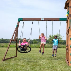 Highlander All Cedar Wood Children's Swing Set Playset with Multi-level Clubhouse Rockwall Swings and Green Wave Slide