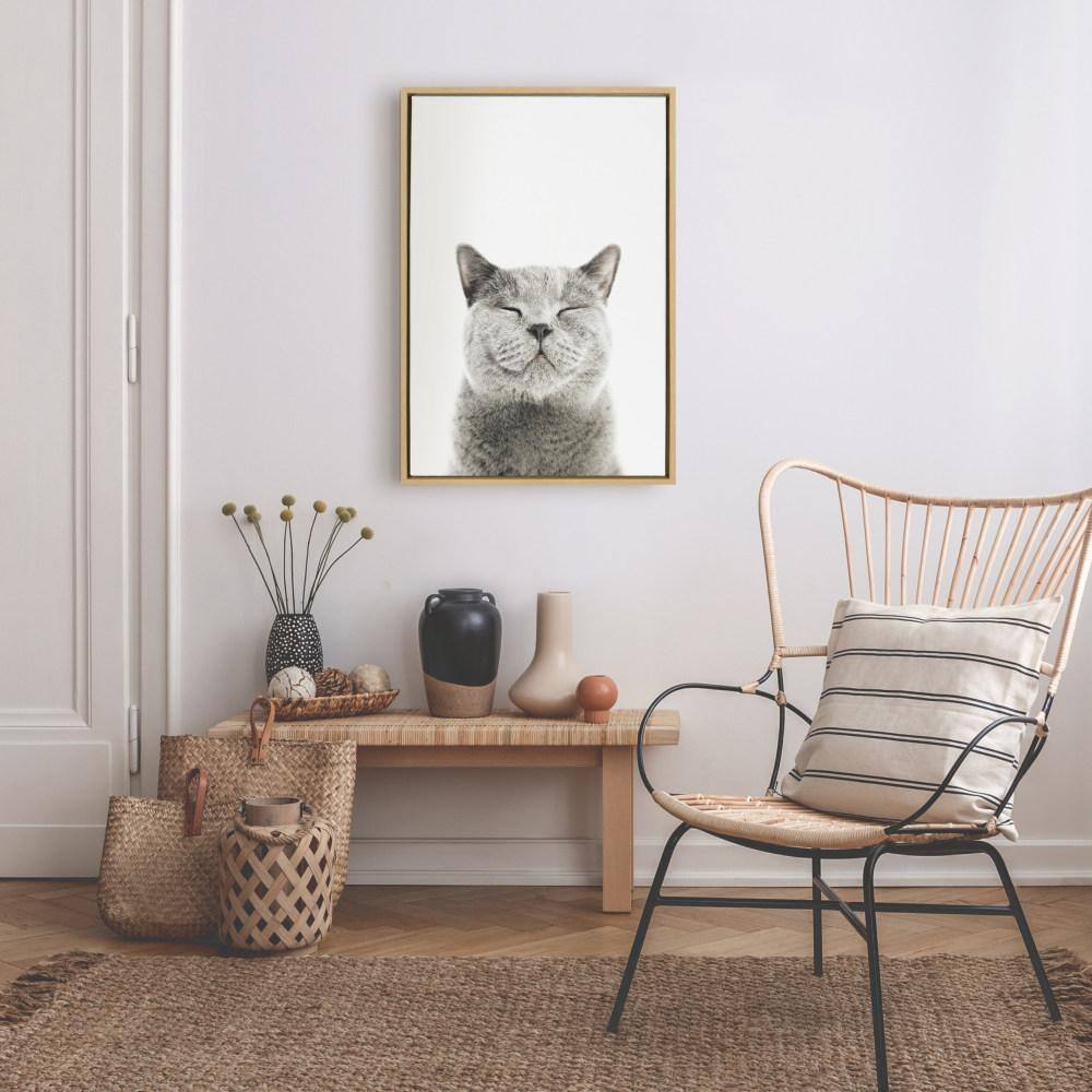 Smiling Gray Cat Canvas Print with Natural Wood Frame