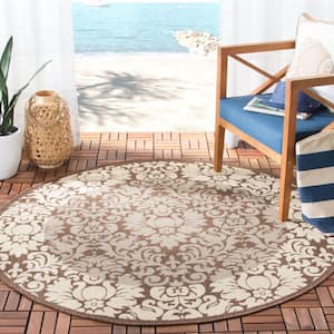 Courtyard Chocolate/Natural 7 ft. x 7 ft. Round Floral Indoor/Outdoor Patio  Area Rug
