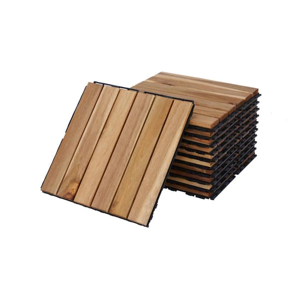 Tunearary Outdoor Patio, Garden 12x12 in. Acacia Hardwood Yellow Brown Square Interlocking Deck Tile Striped Flooring, 10-Pieces