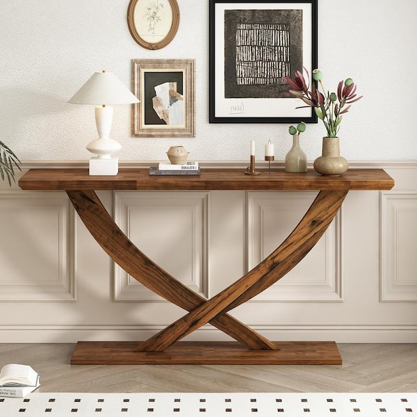 Haven 57 in. Modern Cross Leg Rectangle MDF Console Table, Brown