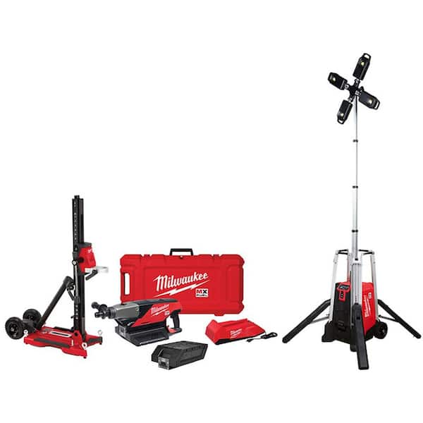 Milwaukee MX FUEL ROCKET Tower Light/Charger and MX FUEL Lithium-Ion Cordless Handheld Core Drill Kit with Stand