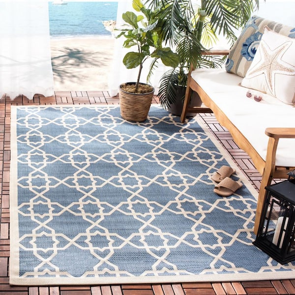 Courtyard Blue/Beige 9 ft. x 12 ft. Border Indoor/Outdoor Patio  Area Rug