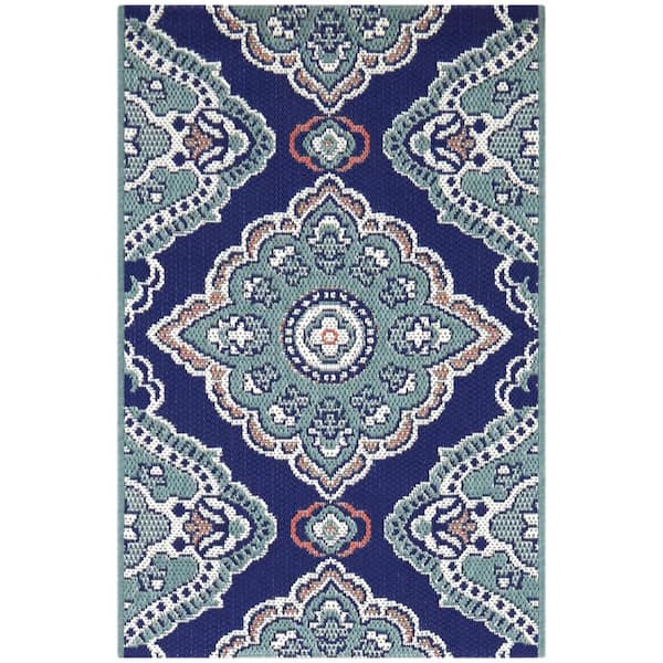 Hampton Bay Oak Hill Teal Doormat 2 ft. x 7 ft. Medallion Indoor/Outdoor Area Rug