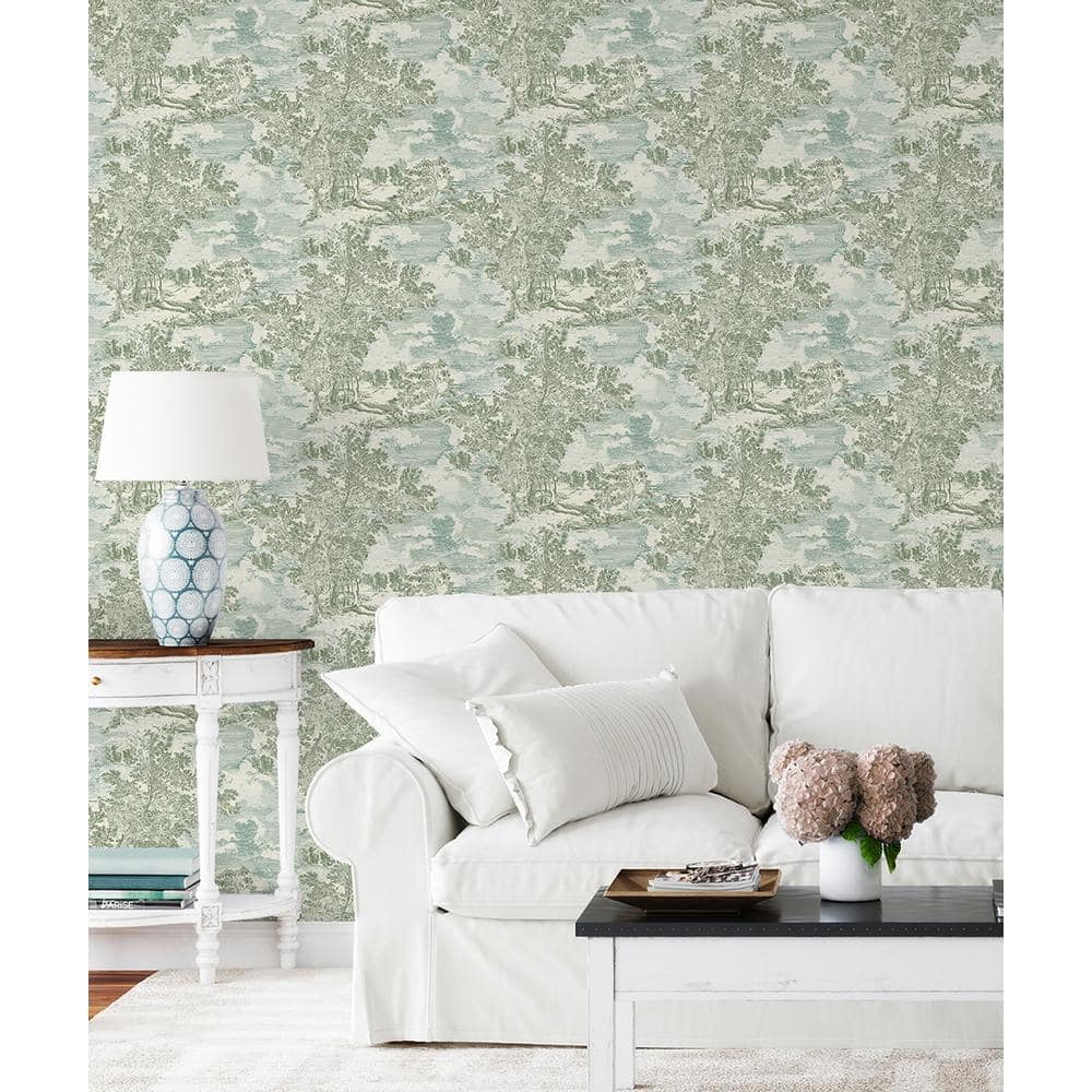 Willow Green Self-Adhesive Scenic Toile Wallpaper