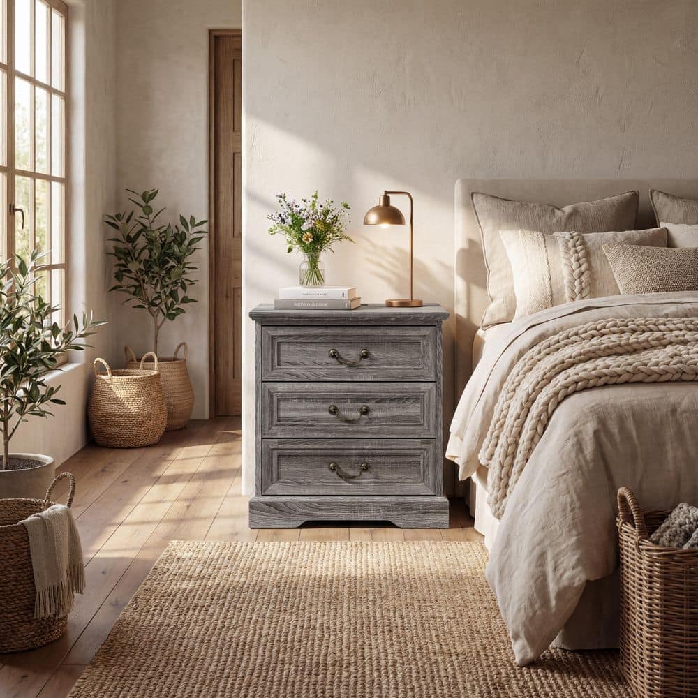 Gray Wood 3 Drawer 23.6 in. W Nightstand with Sofa Table, Chest of Drawers, Dresser without Mirror, Coffee Table