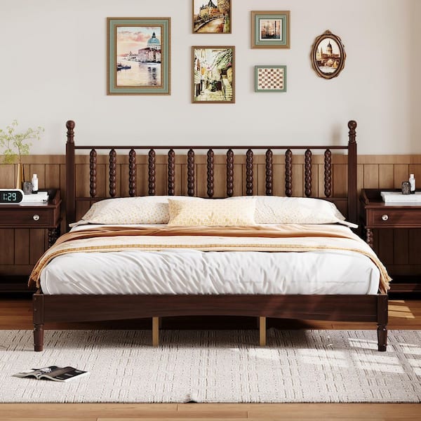 Walnut(Brown) Wood Frame King Size Elegant Retro Style Platform Bed with Gourd Shaped Headboard, Wooden Slat Support