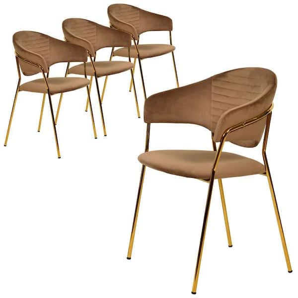 Leisuremod Upholstered Velvet Dining Chair with Gold Stainless Steel Base Bella Collection Set of 4 in Brown Velvet