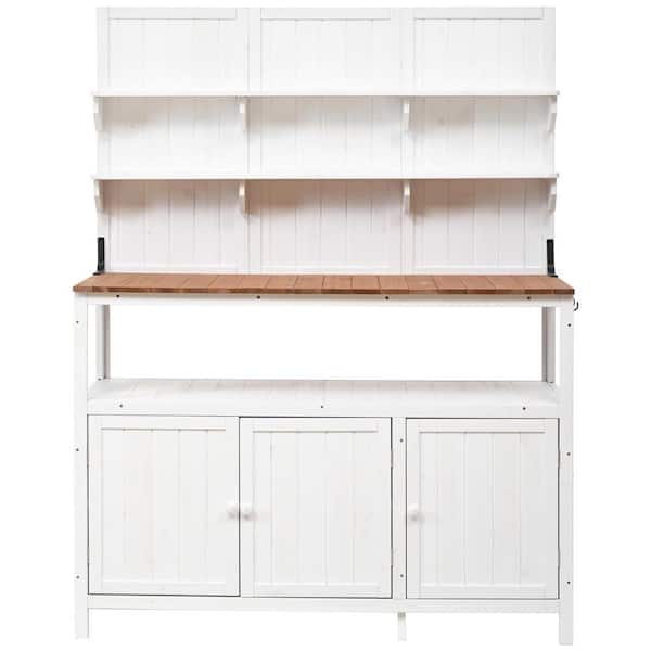 50.2 in. W x 65.4 in. H White Fir Wood Potting Bench with Hutch, 2 Shelves, 2 Cabinets, 3 Side Hooks