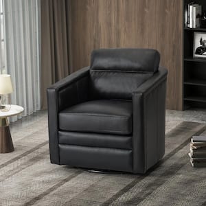Elvira 28.74'' Wide Black Genuine Leather Swivel Chair with Squared Arms