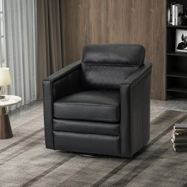 ARTFUL LIVING DESIGN Elvira 28.74'' Wide Black Genuine Leather Swivel Chair with Squared Arms
