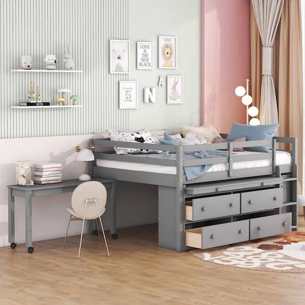 Gray Full Size Wood Loft Bed with Retractable Writing Desk and 4-Drawers, Lateral Portable Desk and Shelves
