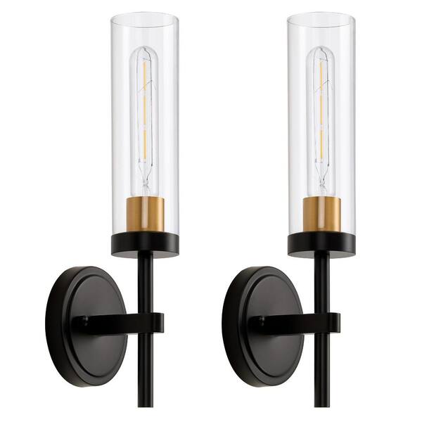 Set of 2 Black and Gold Hardwired Indoor Bathroom Sconces, Clear Glass, Steel Frame, 4.9 x 15.5