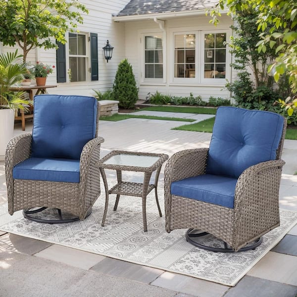Opohoro PlainCurve 3-Piece Gray Wicker Swivel Outdoor Rocking Chairs Patio Conversation Set with Olefin Blue Cushions