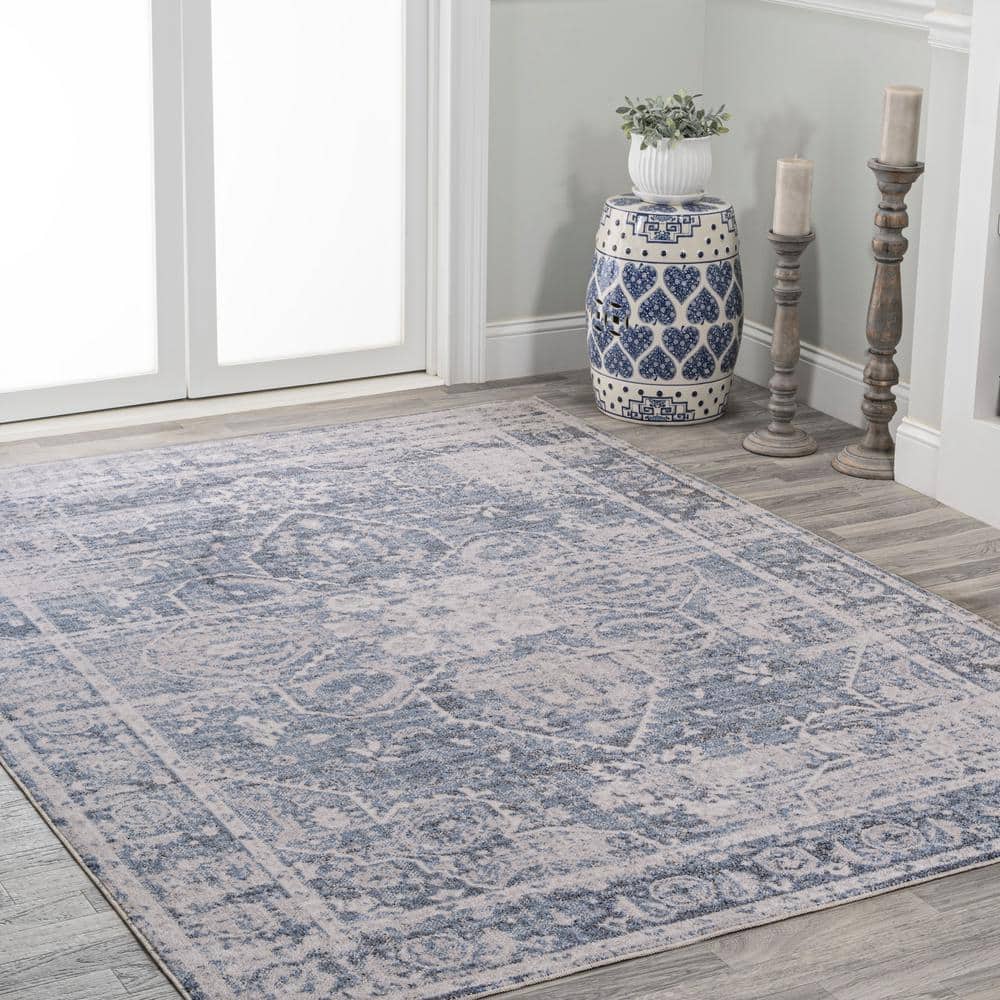 Blue and Light Gray Medallion Washable Synthetic 4' x 6' Rug