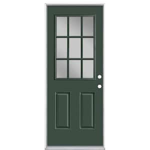 32 in. x 80 in. 9 Lite Conifer Left Hand Inswing Painted Smooth Fiberglass Prehung Front Exterior Door with No Brickmold