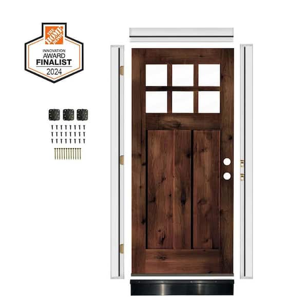 DIY RTA Kit 32in.x80in. Alder Left-Hand/Inswing 6-Lite Clear Glass Red Mahogany Stain Wood Ready To Assemble Front Door