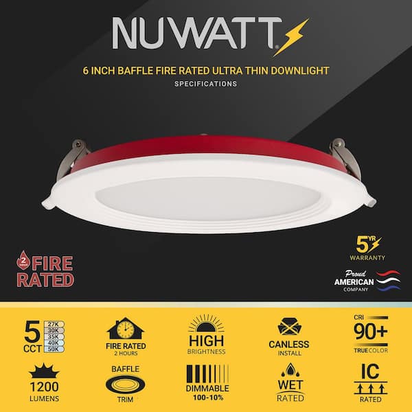 6 in. 2 Hour Fire Rated White Baffle Slim Canless Integrated LED Recessed Light 15W 5CCT 27K-50K Dimmable IC Rated 12PK