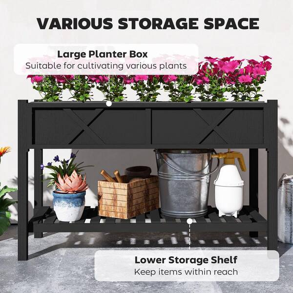 Black 2-Tier Fir Wood Rectangular Raised Garden Bed with Storage