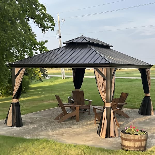 10 ft.x 14 ft.Bronze Aluminum Power-Coated Frame Galvanized Steel Double Roof Hardtop Gazebo,Hooks,Netting,Khaki Curtain