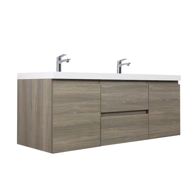 60 in. W Double Sink Floating Bath Vanity in Ash Grey with White Solid Surface Sink Top