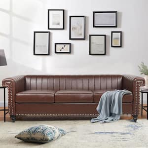 82.5 in Wide Square Arm Faux Leather Straight Sofa with Removable Cushion in Brown