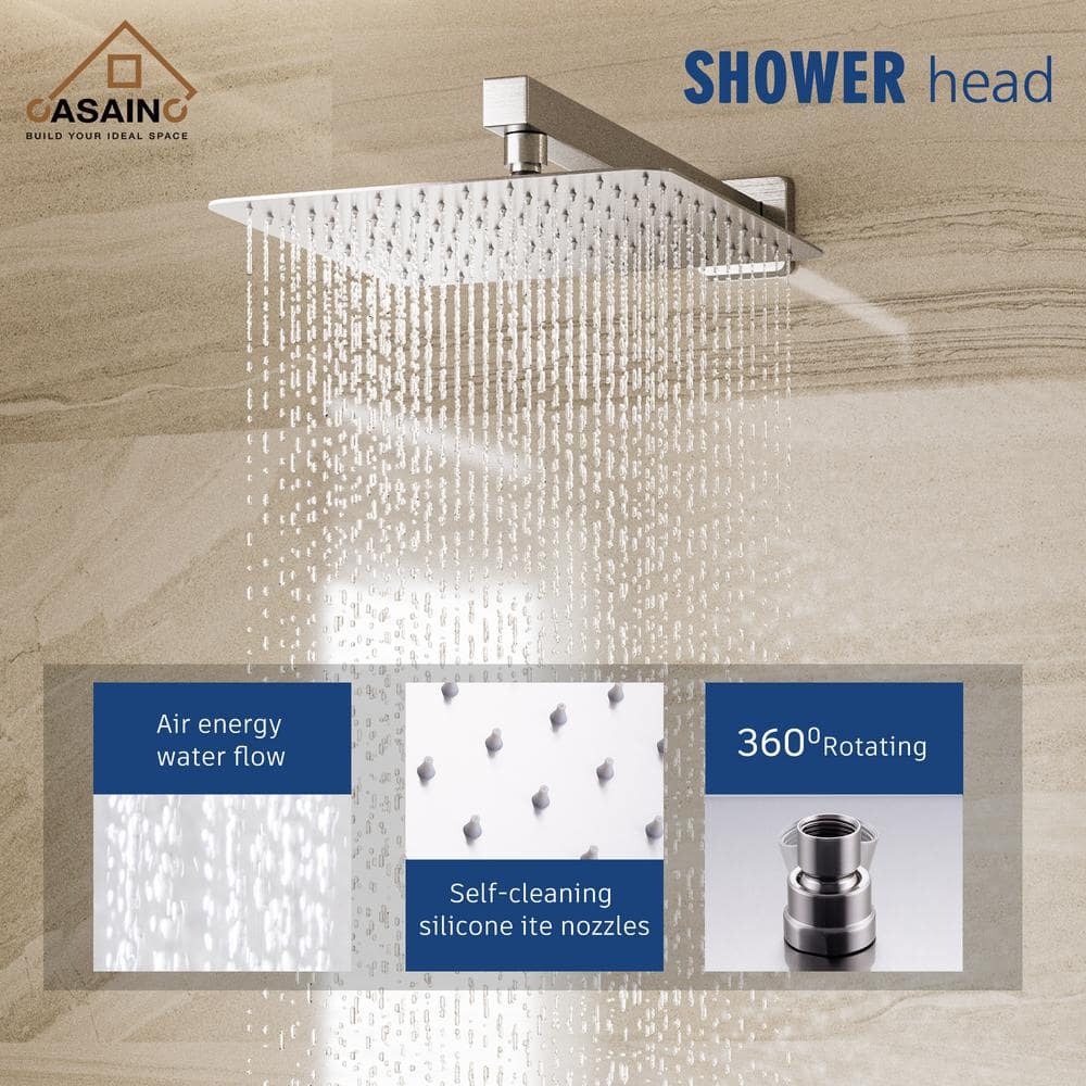 Brushed Nickel Wall Mounted Square Rain Shower System with Handheld