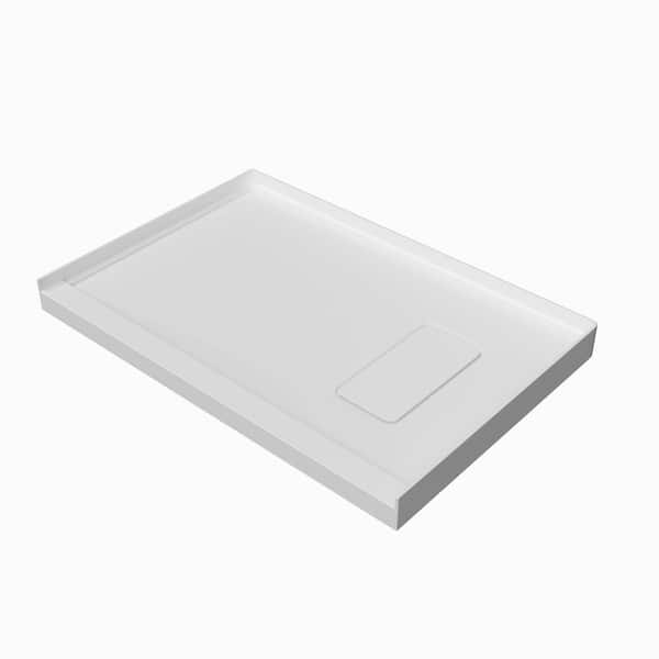48 in. L x 32 in. W Alcove Shower Pan Base with Right Drain in White, Solid Surface Drain Cover Included
