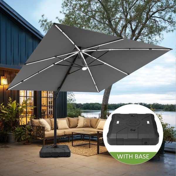 Pellebant 11 ft. Square Solar LED Patio Umbrella Outdoor Heavy-Duty 360  Rotation Cantilever Offset Umbrella in Gray with Base PU107LDGYUB024