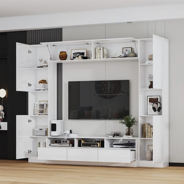 FUFU&GAGA - White Wooden TV Stand, Entertainment Center, TV Console Fits TV's Up to 70 in. with 15-Shelves, 3-Drawers and 5-Doors