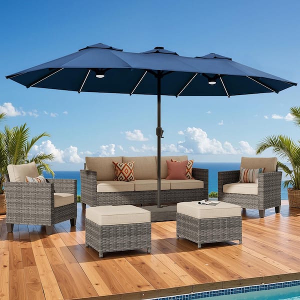 15 ft. Rectangule Outdoor Double Sided Market Patio Umbrella in Dark Blue with Base for Poolside Lawn Backyard Garden