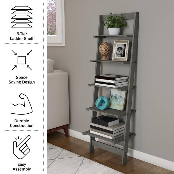 50 in. Narrow Leaning Ladder Bookshelf, 5-Tier Wooden Bookcase for Living Room, Office or Bedroom, Gray