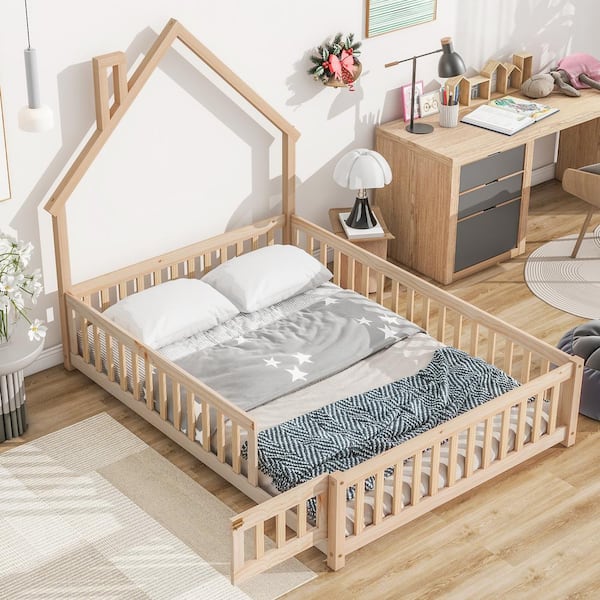 Harper & Bright Designs Natural Wood Frame Full Size House Platform Bed, Floor Bed with Chimney and Roof Design, Fence Guardrails with Door