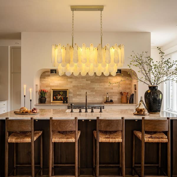 40 in. 11-Light Dimmable LED Brass Alabaster Chandelier, Rectangle 4-Tiers Kitchen Island Chandelier, for Dining Room