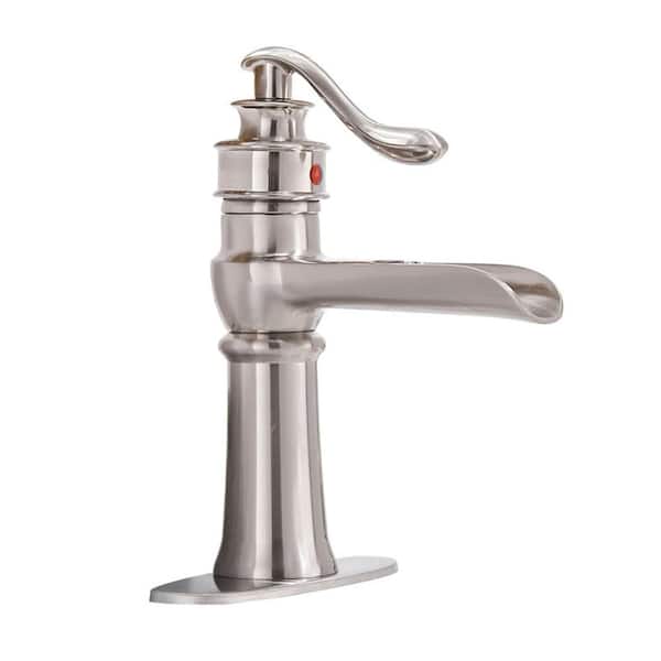 Unbranded Single Handle Single Hole Bathroom Faucet with Deckplate Modern Waterfall Brass Bathroom Vanity Taps in Brushed Nickel