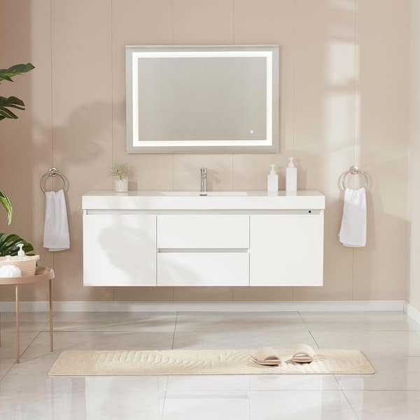 Annecy 60 in. W x 18.5 in. D x 20 in. H Bathroom Wall Hung LED Vanity in White w/ Single Basin Vanity Top in White Resin